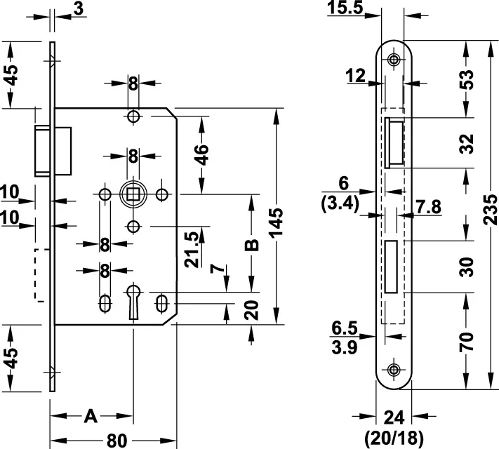Objekt Einsteckschloss K1 BB Silberfarb.