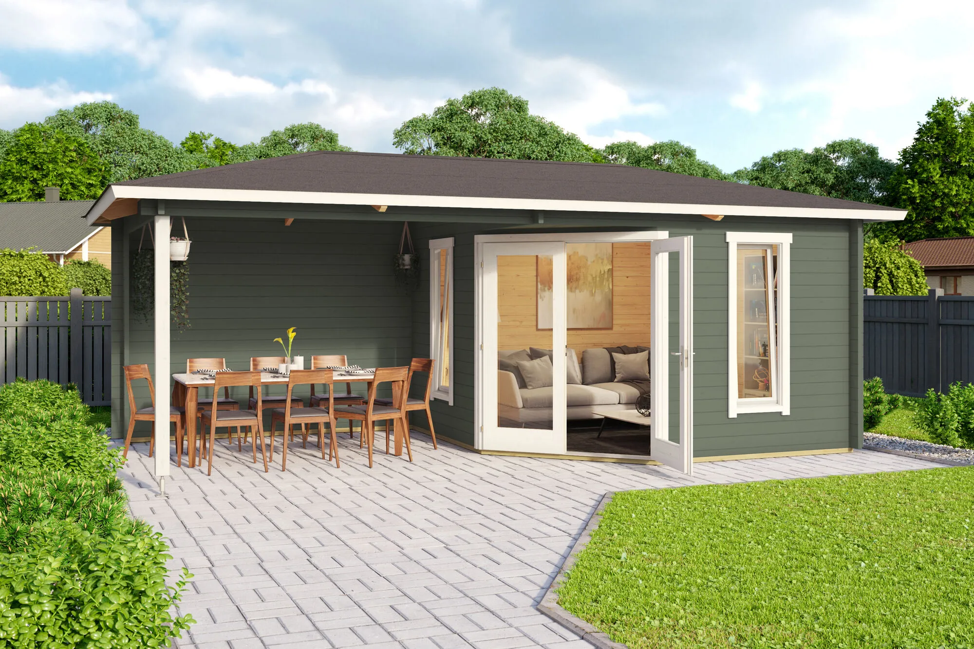 \\iks-3450982346\Artikelbilder\Gartenkatalog\2026\Blockbohlenh&auml;user\88100159 - Blockbohlenhaus Karlskrona Gr&uuml;ngrau inkl. Anbau (1).jpg